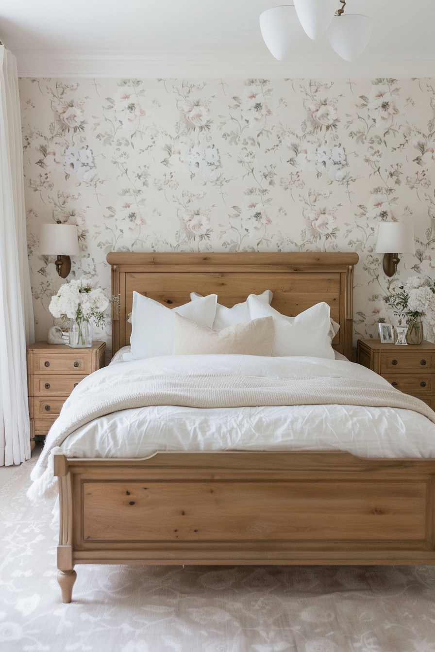 Master bedroom with pastel floral wallpaper behind a wooden bed