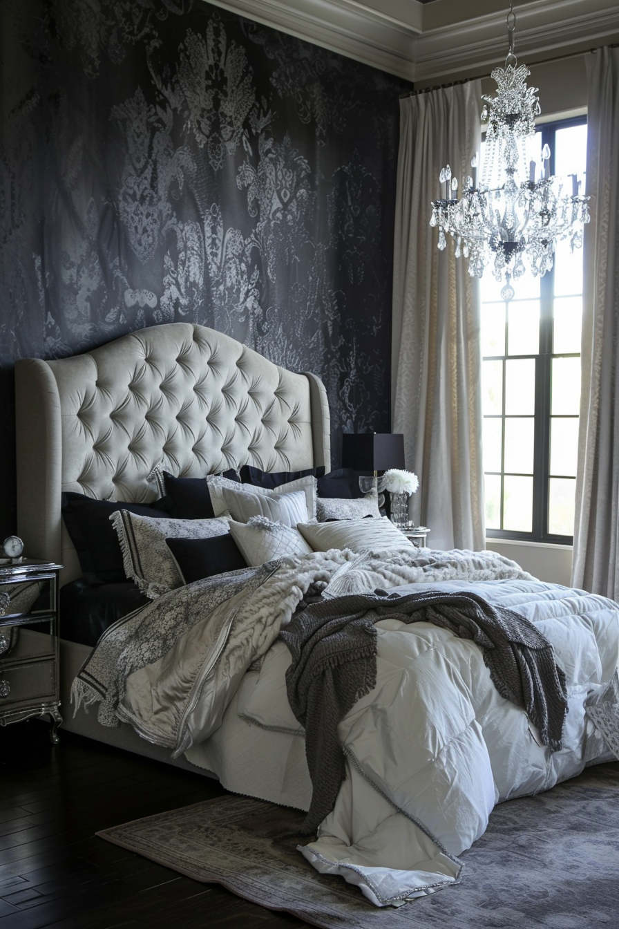 Master bedroom with dark damask wallpaper and tufted headboard
