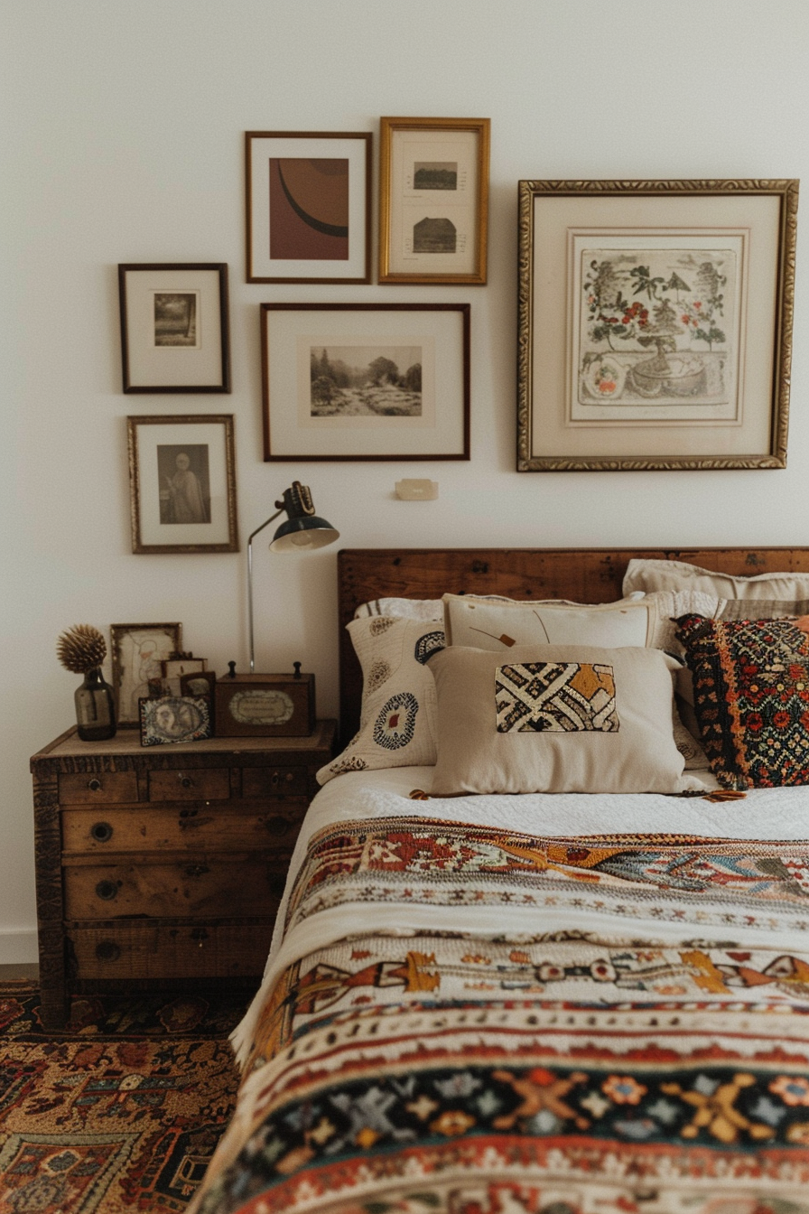 Master bedroom with an eclectic gallery wall of art and photographs