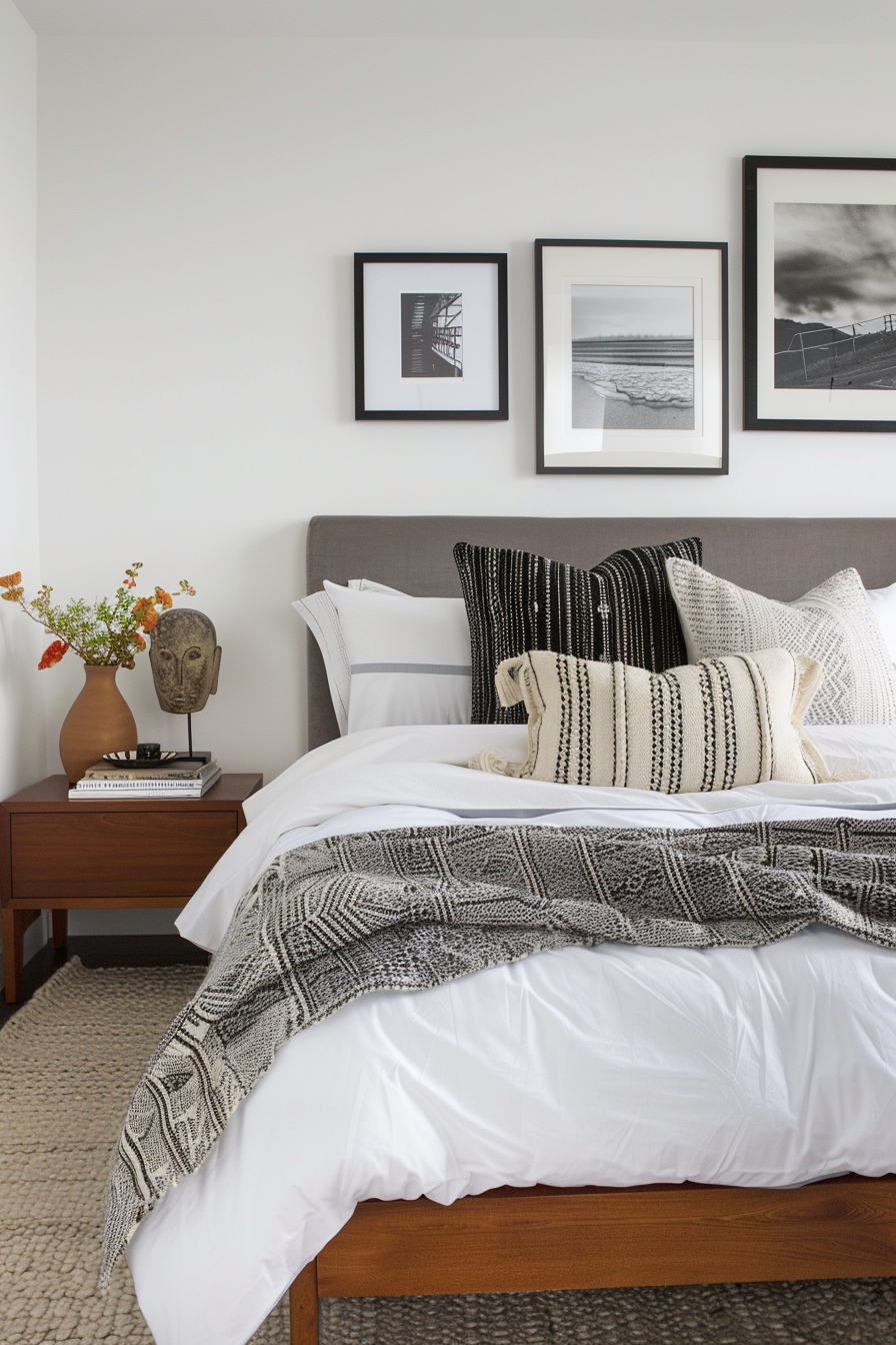Master bedroom with monochromatic gallery wall above a modern headboard