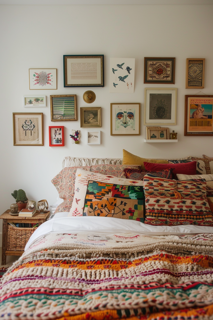 Master bedroom with a colorful gallery wall and bohemian bed
