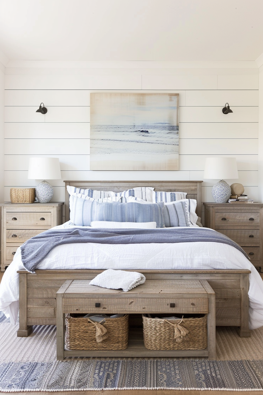 Master bedroom with light wooden shiplap accent wall