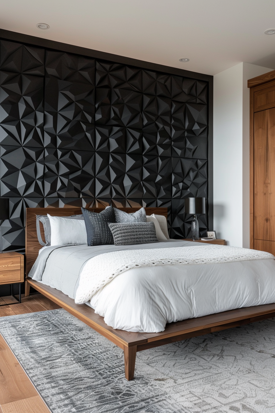 Master bedroom with 3D geometric wall panels behind a modern bed