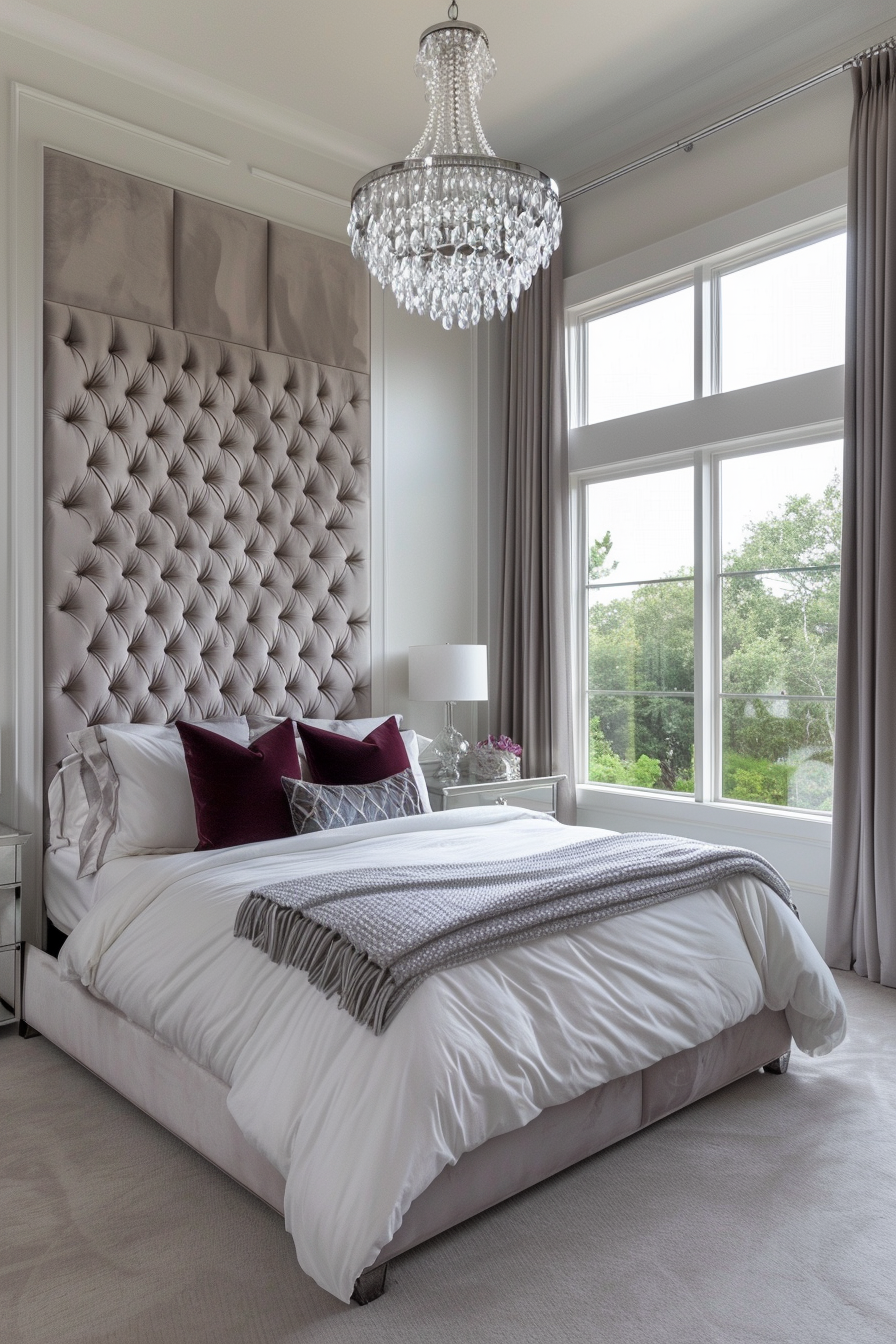 Master bedroom with tufted upholstered wall panels in a luxurious finish