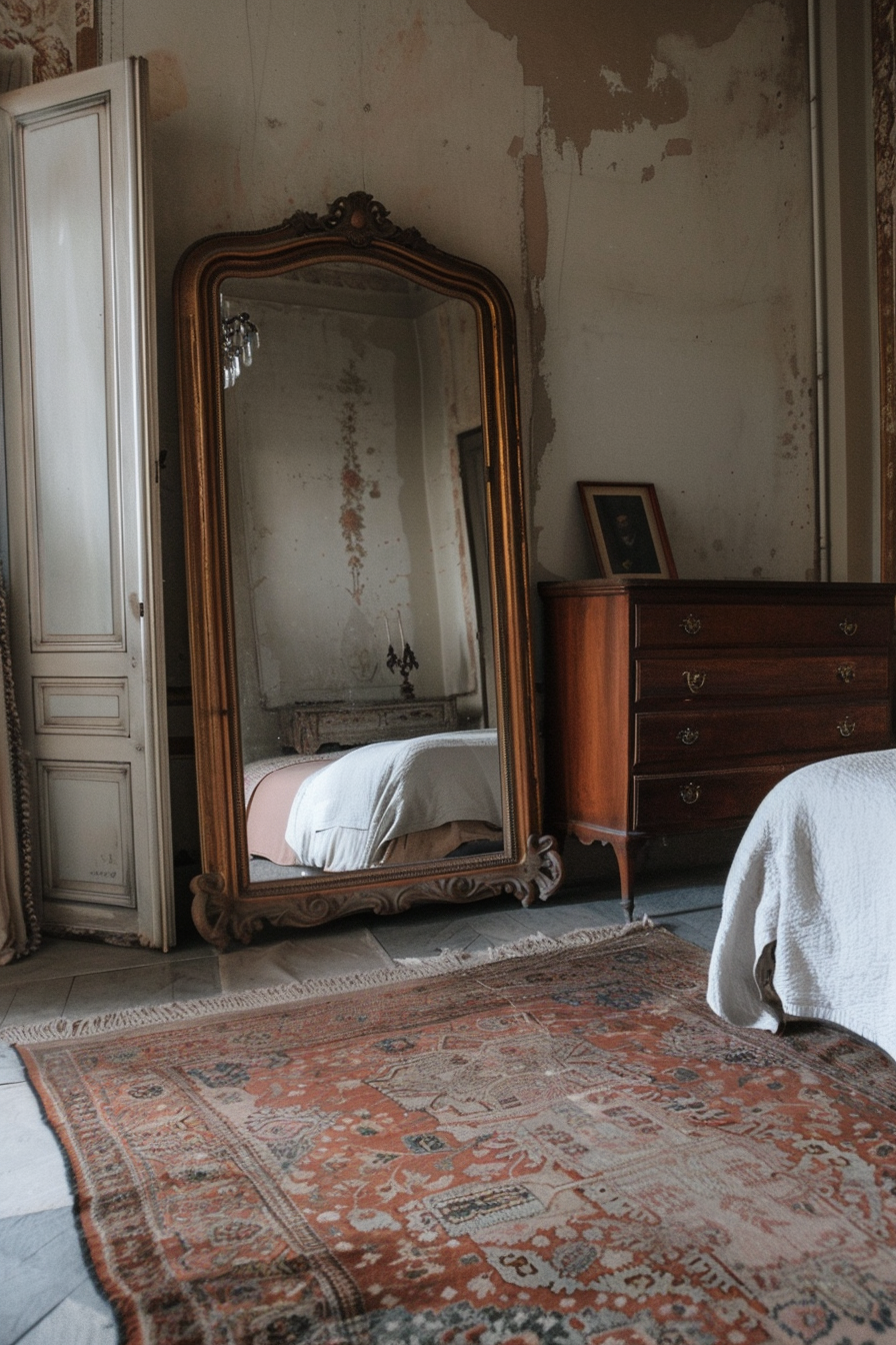 Master bedroom with a large gilded mirror leaning against the wall