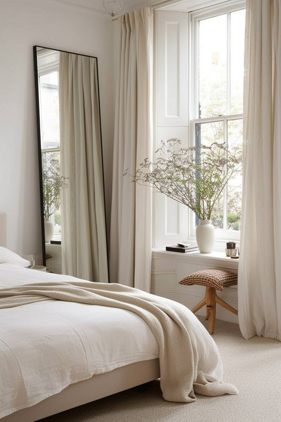 Minimalist master bedroom with frameless oversized mirror on the wall