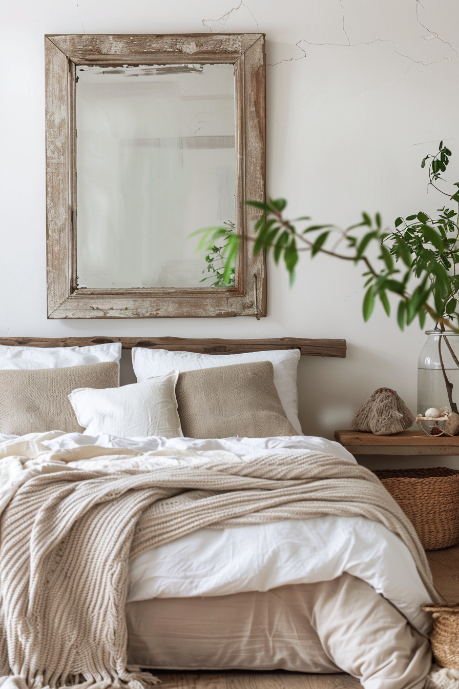 Rustic master bedroom with distressed wooden-framed mirror