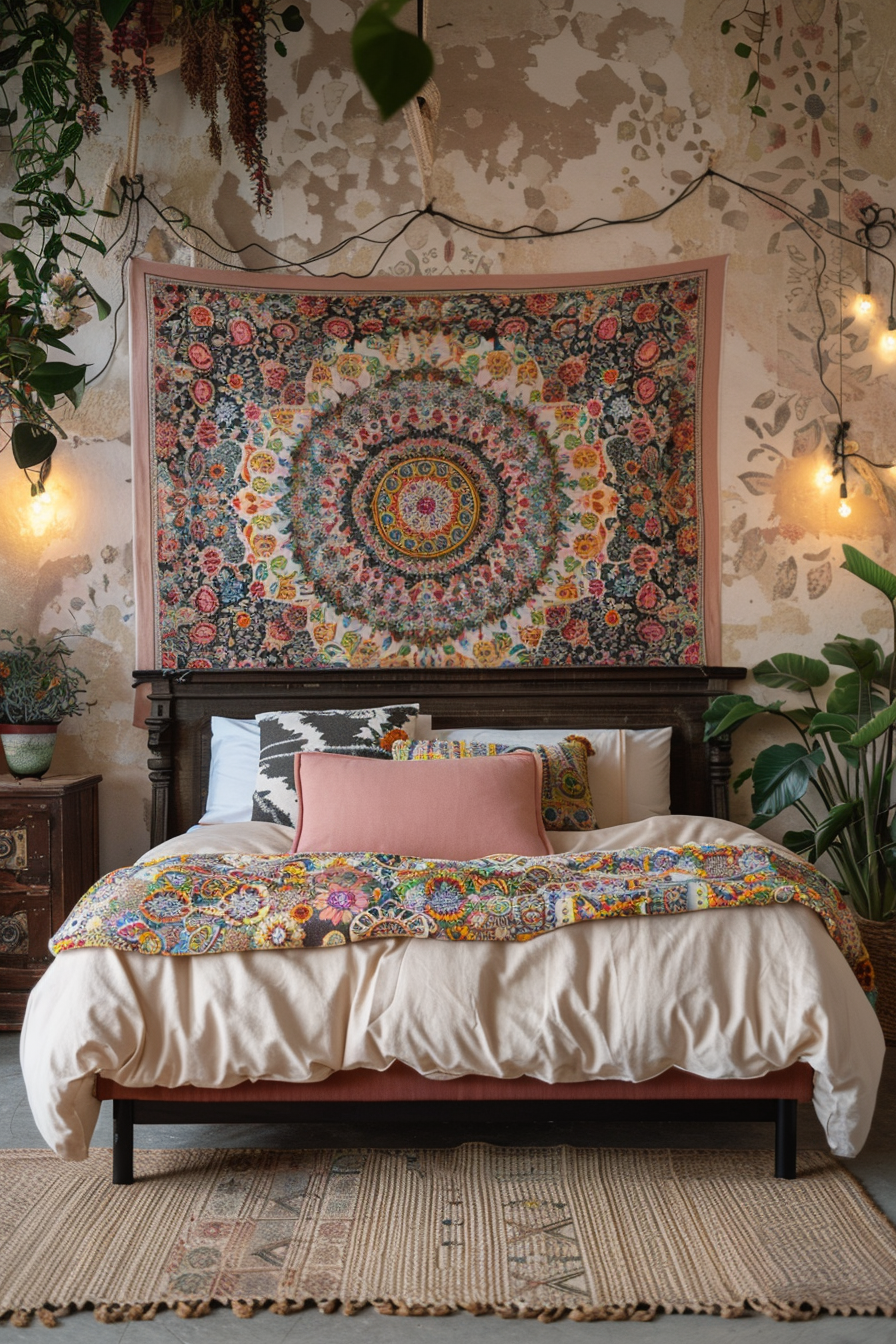 Master bedroom with colorful mandala tapestry behind the bed