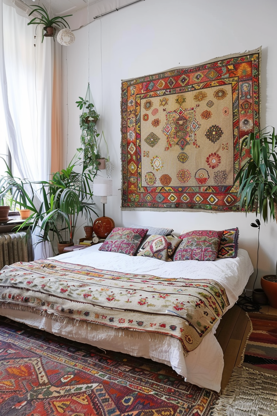 Master bedroom with macrame tapestry above the headboard
