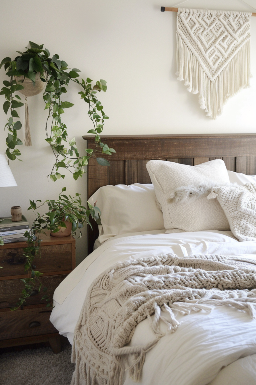 Master bedroom with colorful mandala tapestry behind the bed