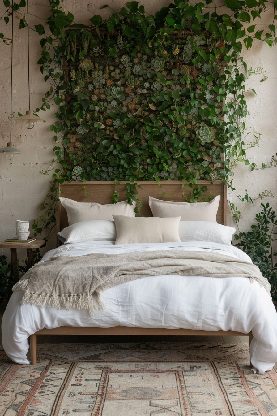Master bedroom with lush vertical garden behind the bed