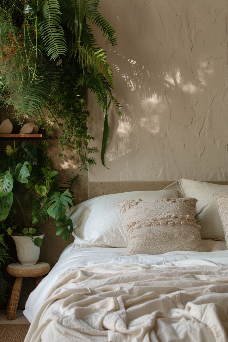 Master bedroom with living wall and cozy bedding