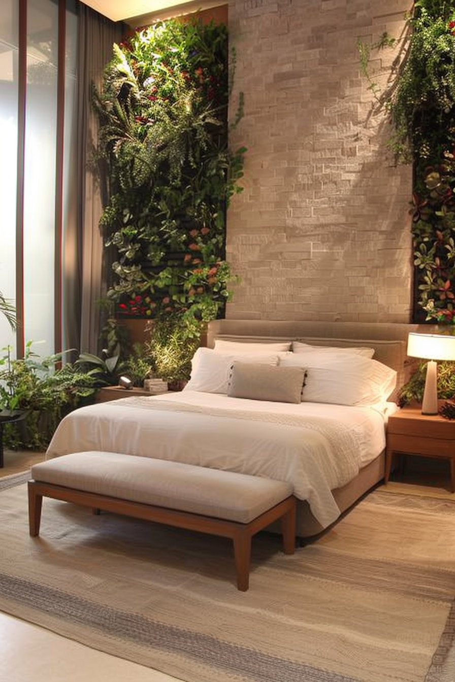 Elegant master bedroom with vertical garden and modern furniture