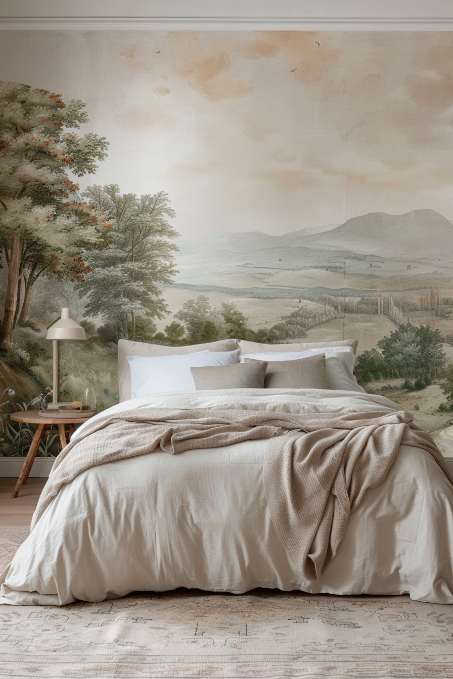 Master bedroom with serene forest landscape mural behind the bed
