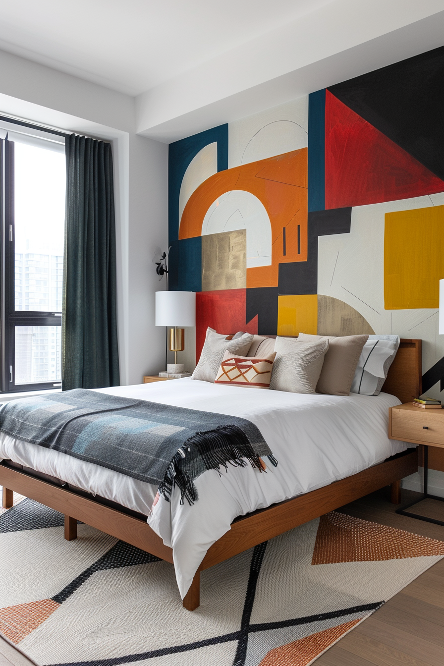 Modern master bedroom with vibrant abstract mural