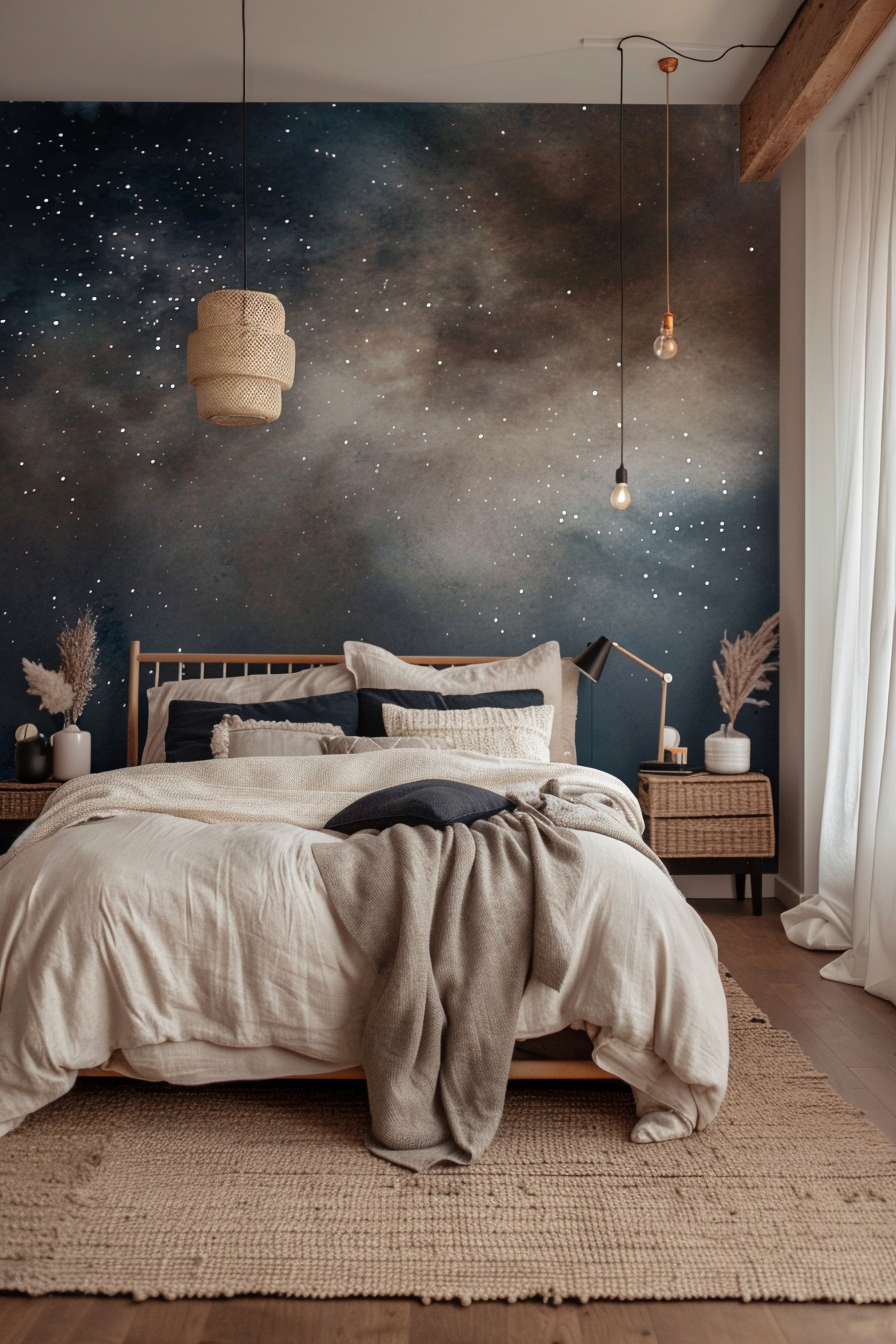 Whimsical master bedroom with starry night sky mural