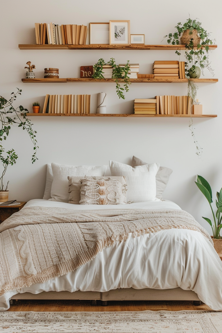 Master bedroom with floating wooden shelves displaying decor