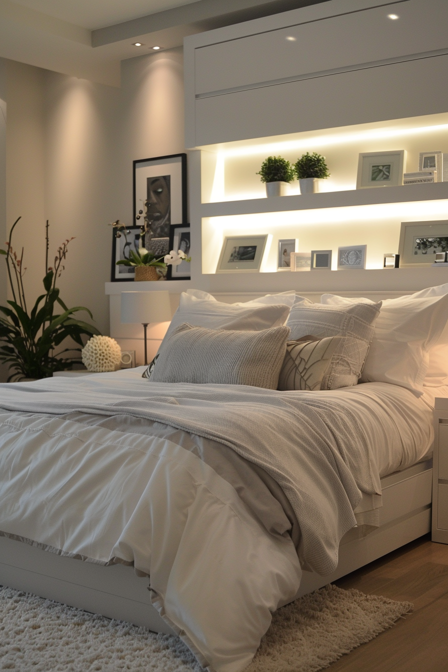 Contemporary master bedroom with glossy white floating shelves