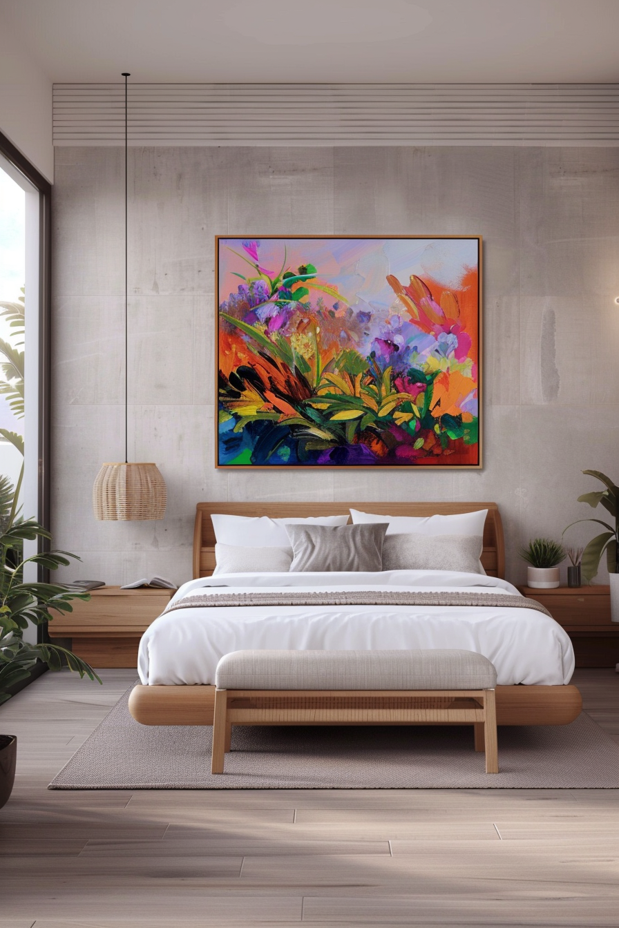 Master bedroom with large abstract painting above a minimalist bed