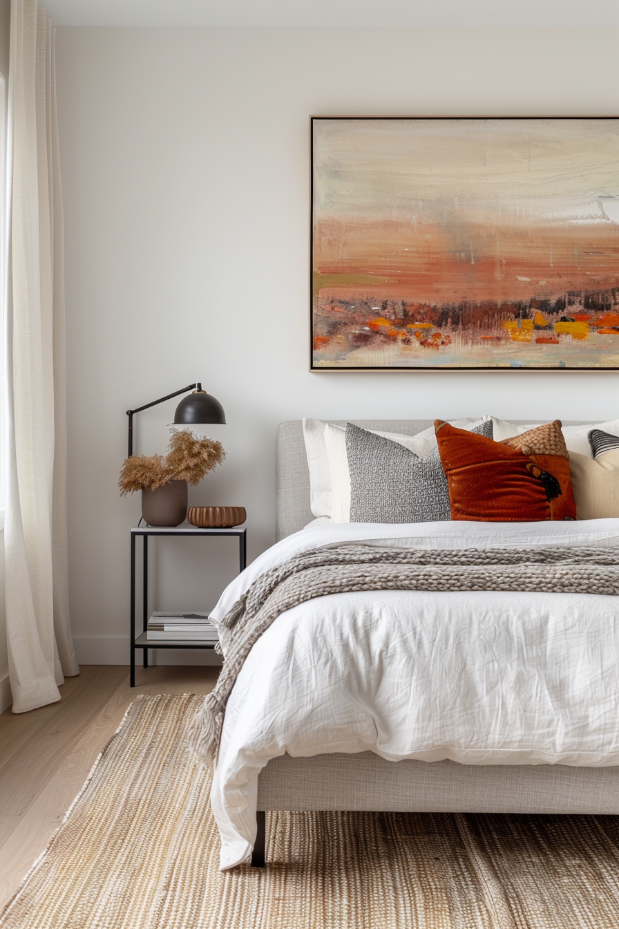 Master bedroom with large abstract painting above a minimalist bed