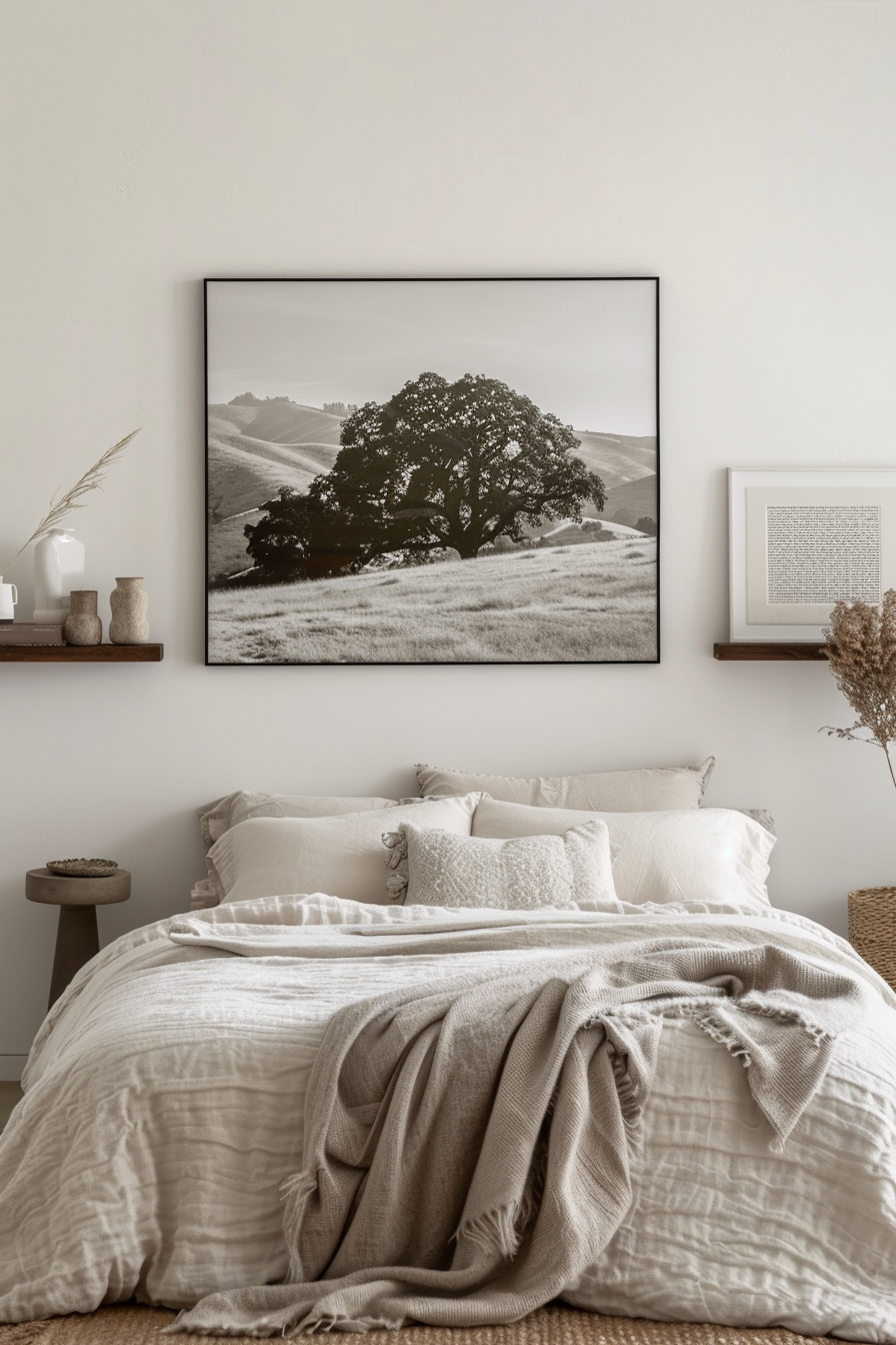 Master bedroom with oversized black-and-white landscape photograph