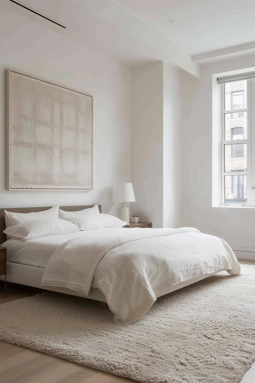 Contemporary master bedroom with large modern sculpture above the bed