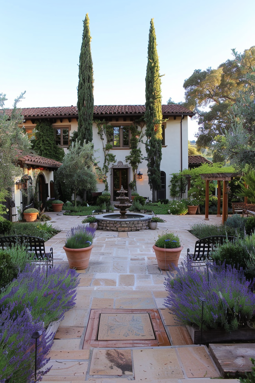 Tuscan-style front yard with stone pathways and terracotta planters