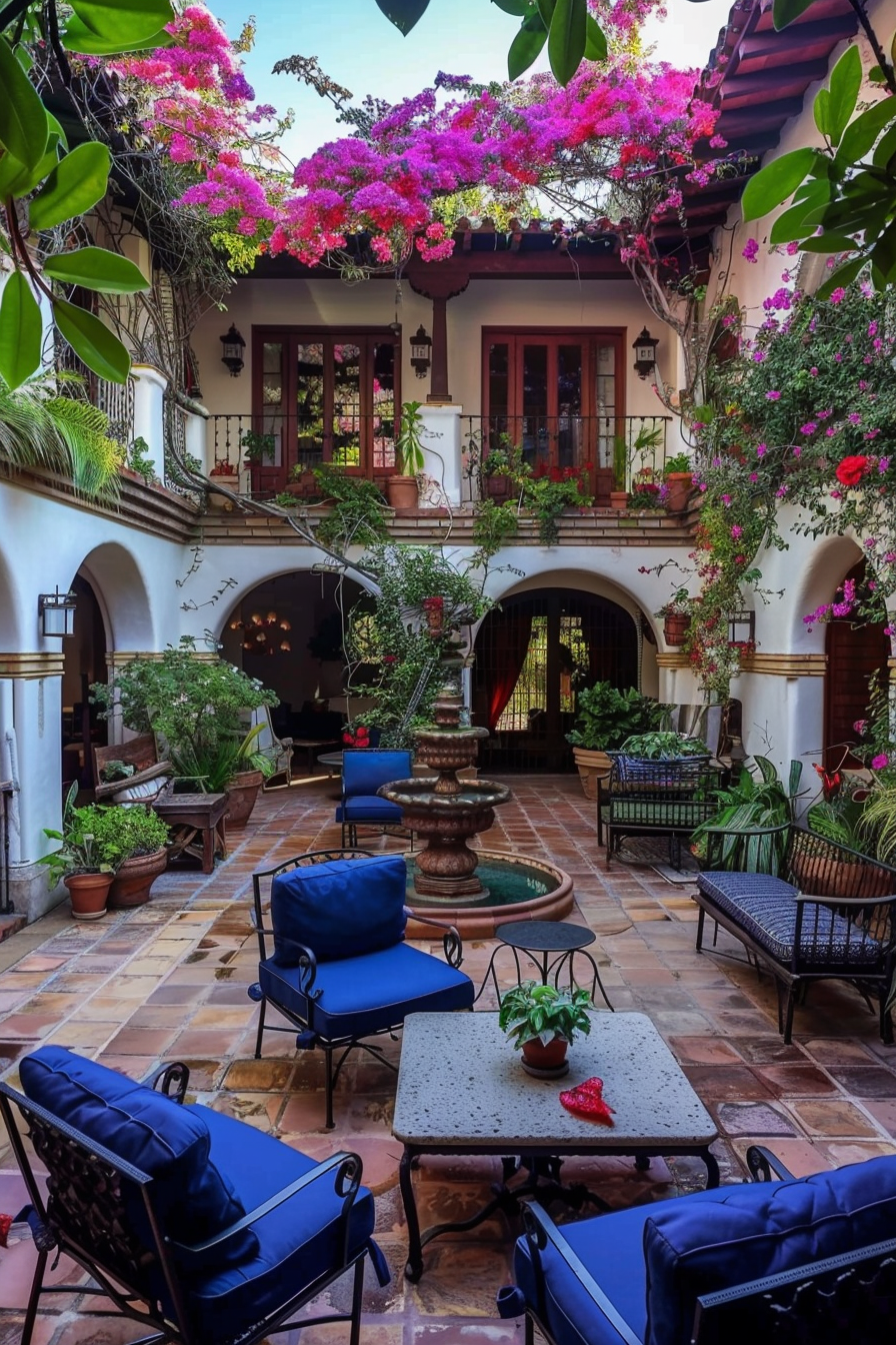 Mediterranean courtyard with terracotta tiles and stucco walls