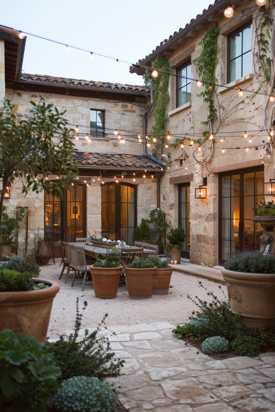 Wrought iron furniture and a pergola in a Mediterranean courtyard