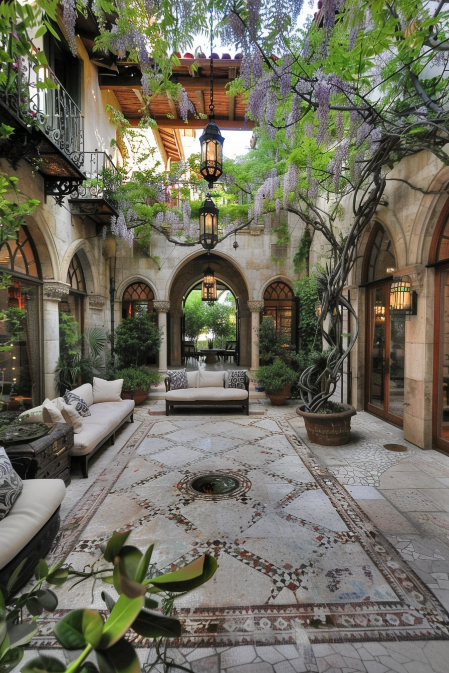 Central fountain and lush plants in a Mediterranean courtyard