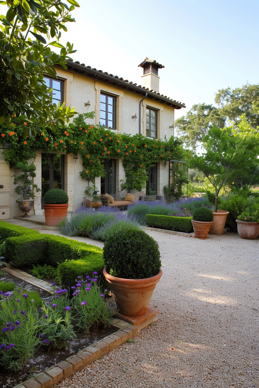 Bushes forming borders and focal points in a Mediterranean yard