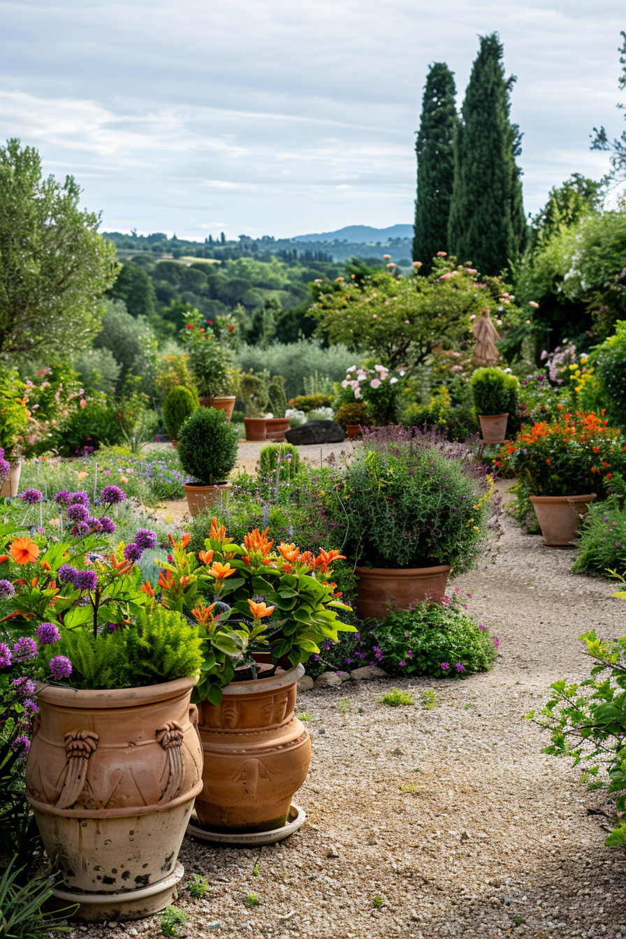 Oleander and lavender bushes with gravel paths in a Mediterranean yard
