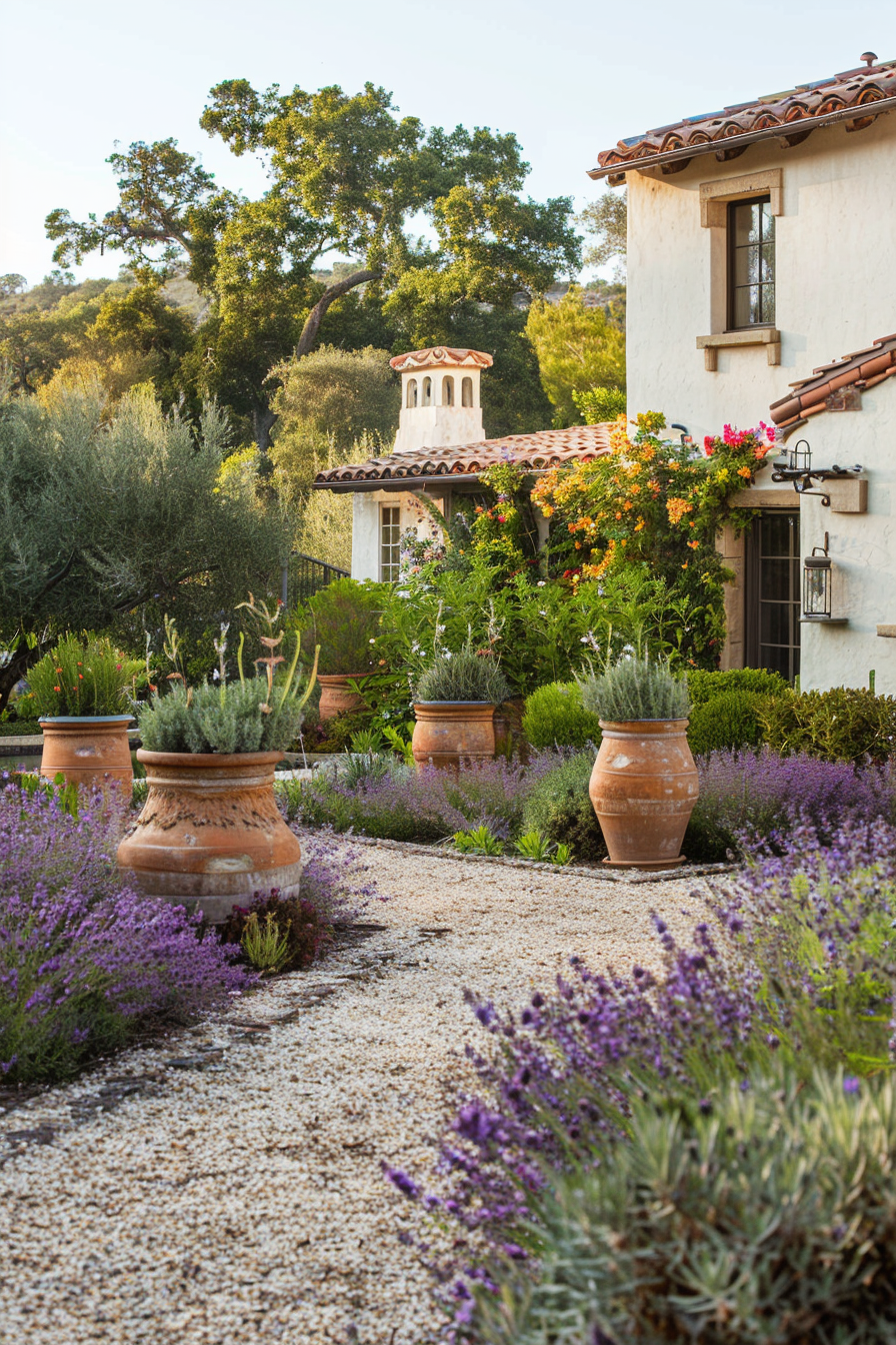 Boxwood hedges and flowering shrubs in a Mediterranean garden