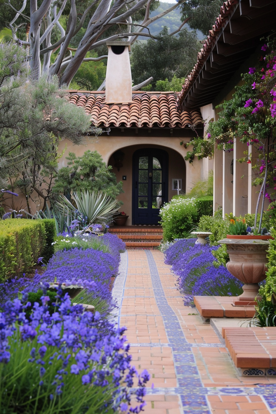Terracotta pathways and vibrant flowers in a Mediterranean yard