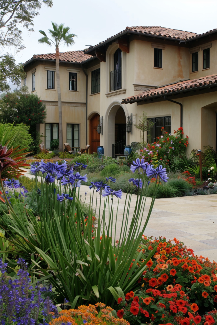 Red hibiscus and terracotta elements in a Mediterranean yard