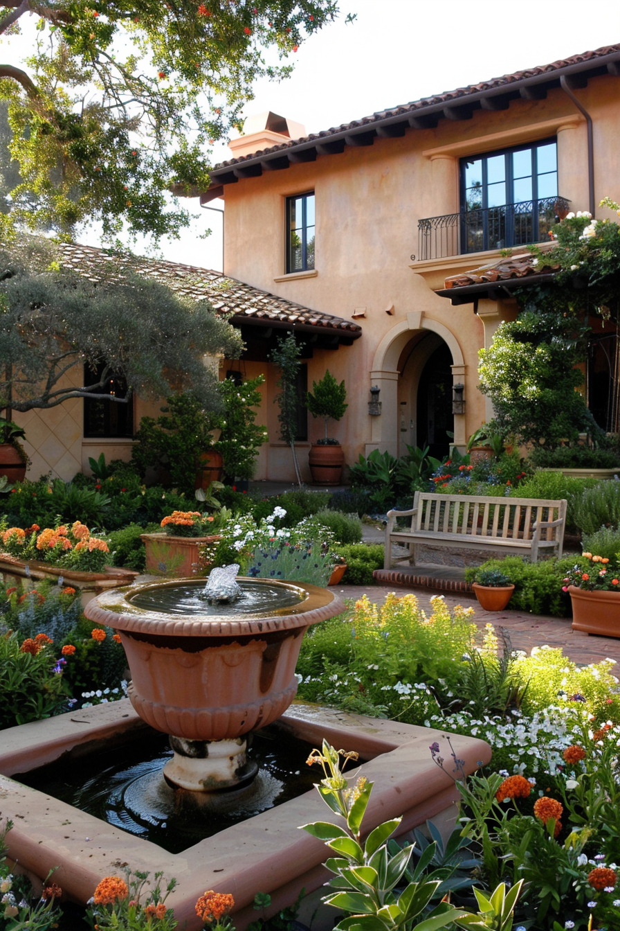 Central stone fountain surrounded by terracotta planters