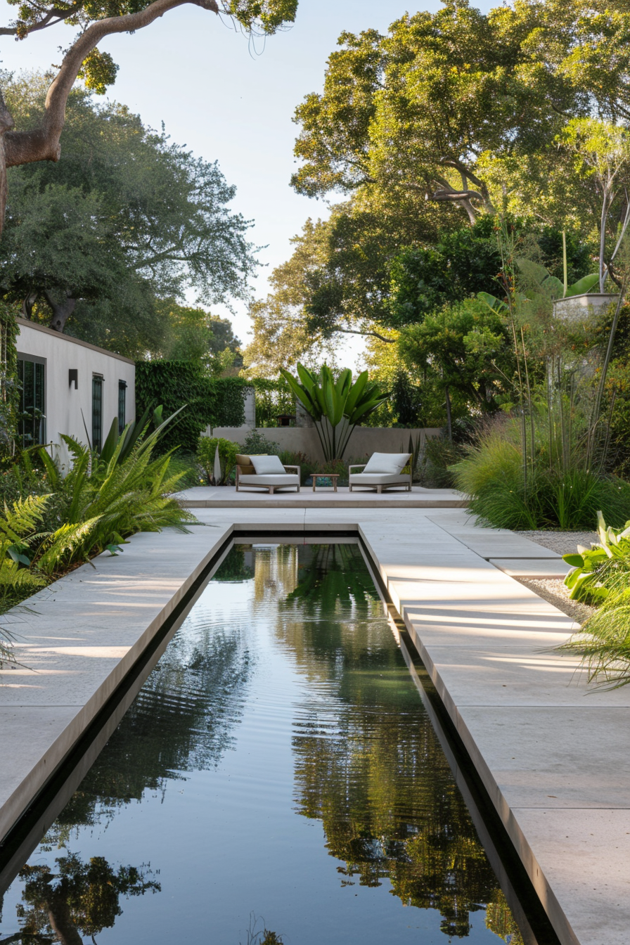 Sleek reflecting pool with smooth stone edges in a Mediterranean yard