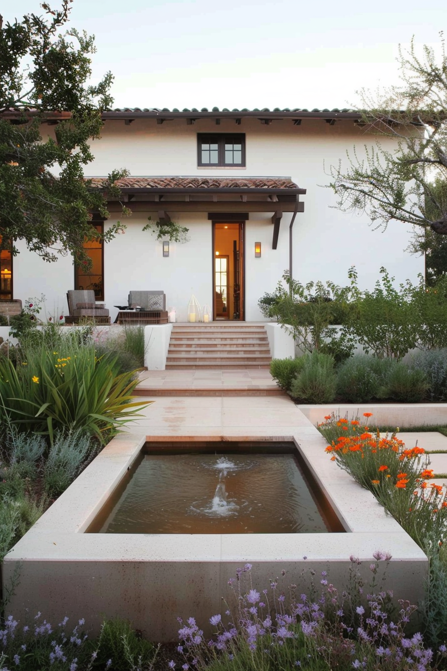 Minimalist water wall with polished concrete in a Mediterranean yard