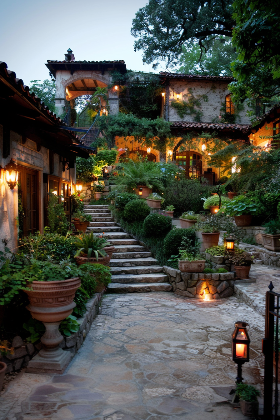 Soft, ambient lighting along stone pathways in a Mediterranean yard
