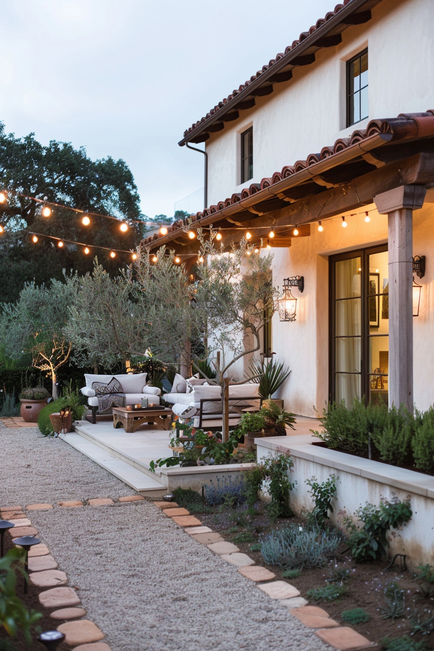String lights hung from a pergola over a seating area