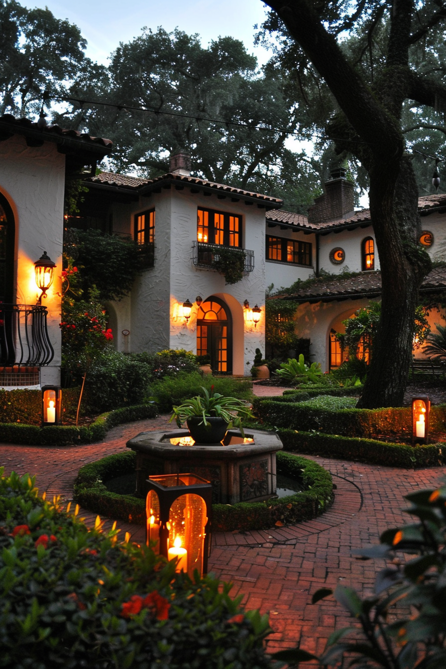 Wrought iron lanterns and accent lights illuminating bushes