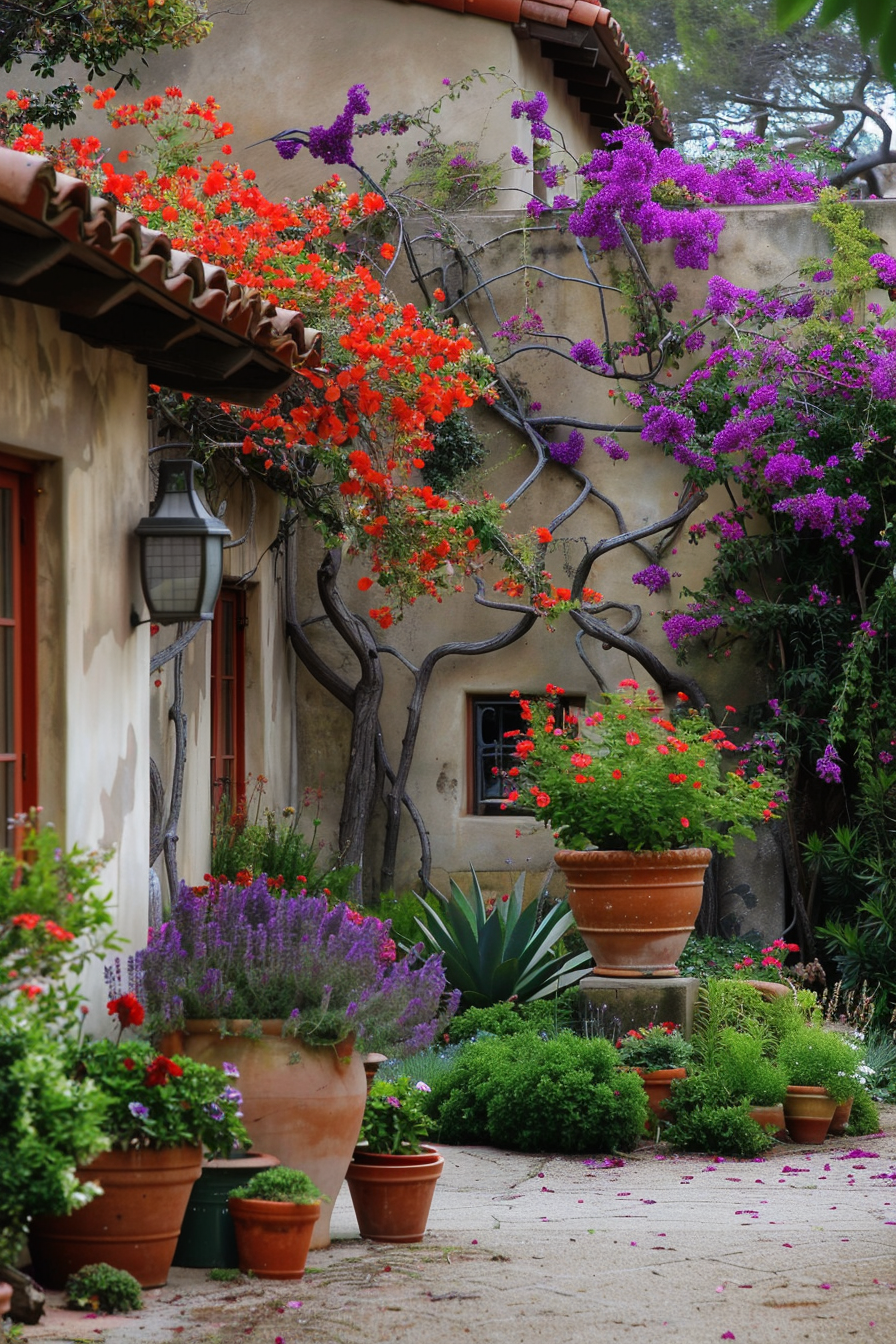 Olive trees, lavender, and bougainvillea in a Mediterranean yard