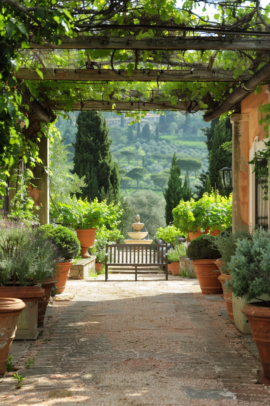 Rustic Tuscan seating area with pergola and grapevines