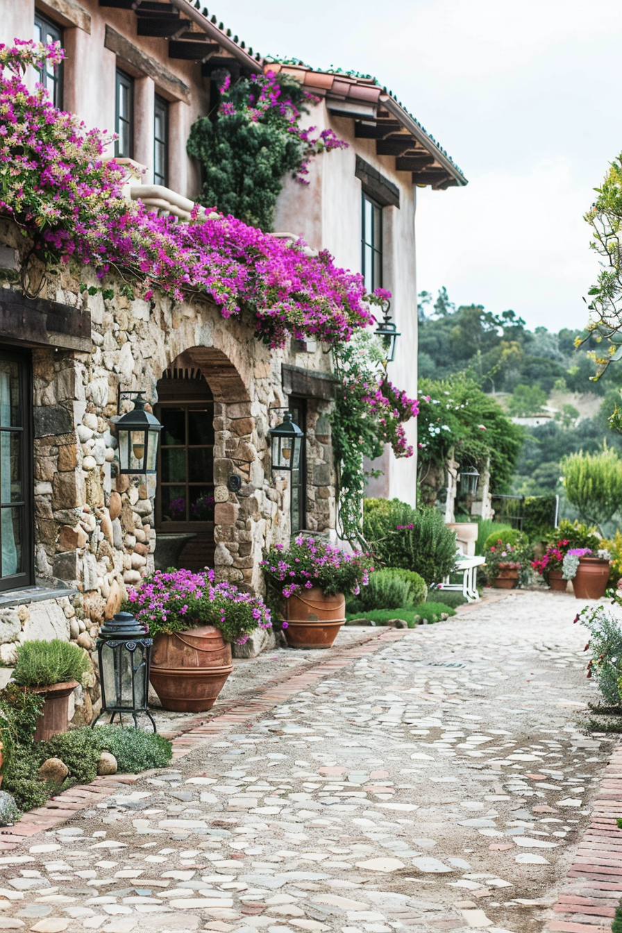 Wrought iron accents and terracotta pots in a Tuscan garden