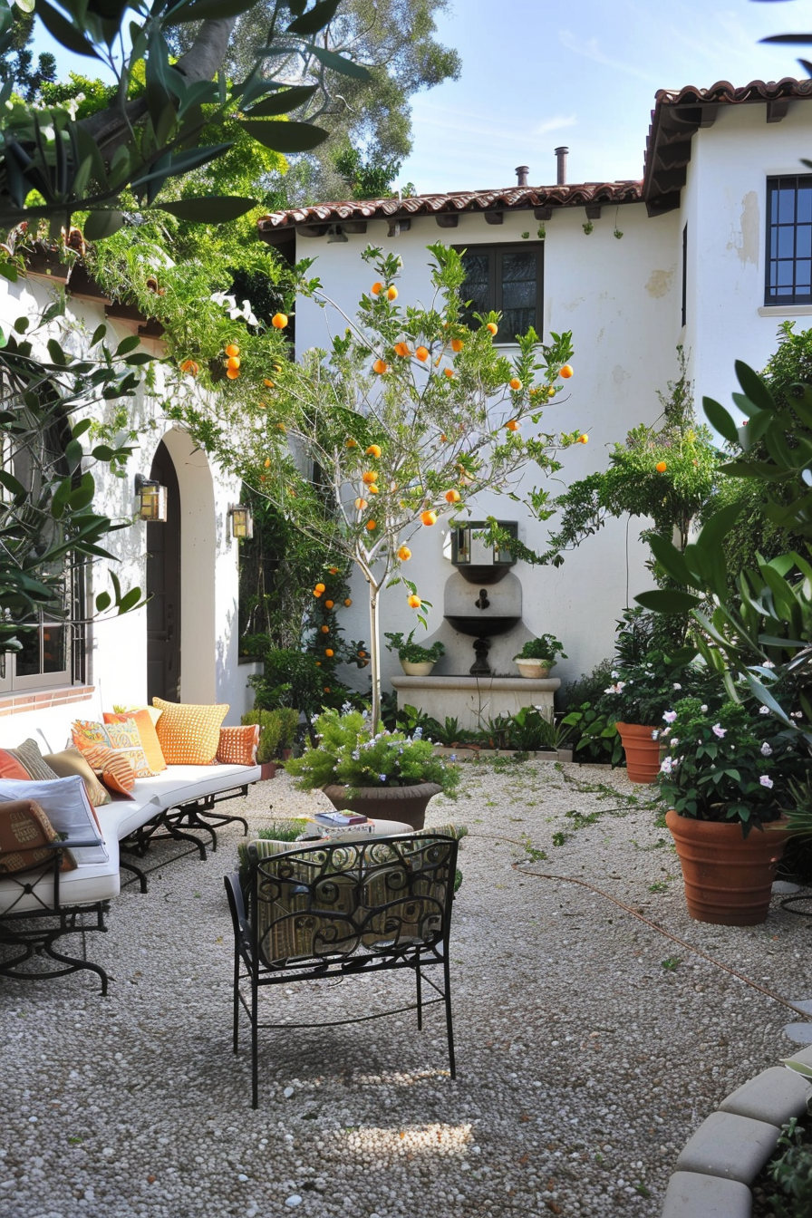 Small Mediterranean yard with gravel and potted olive trees