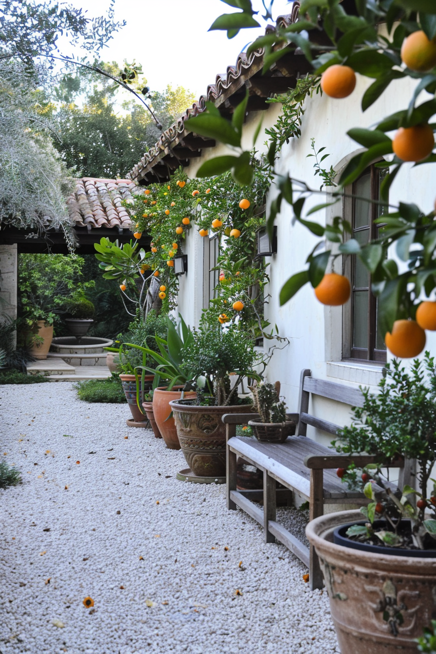 Wall-mounted planters and hanging baskets in a small yard