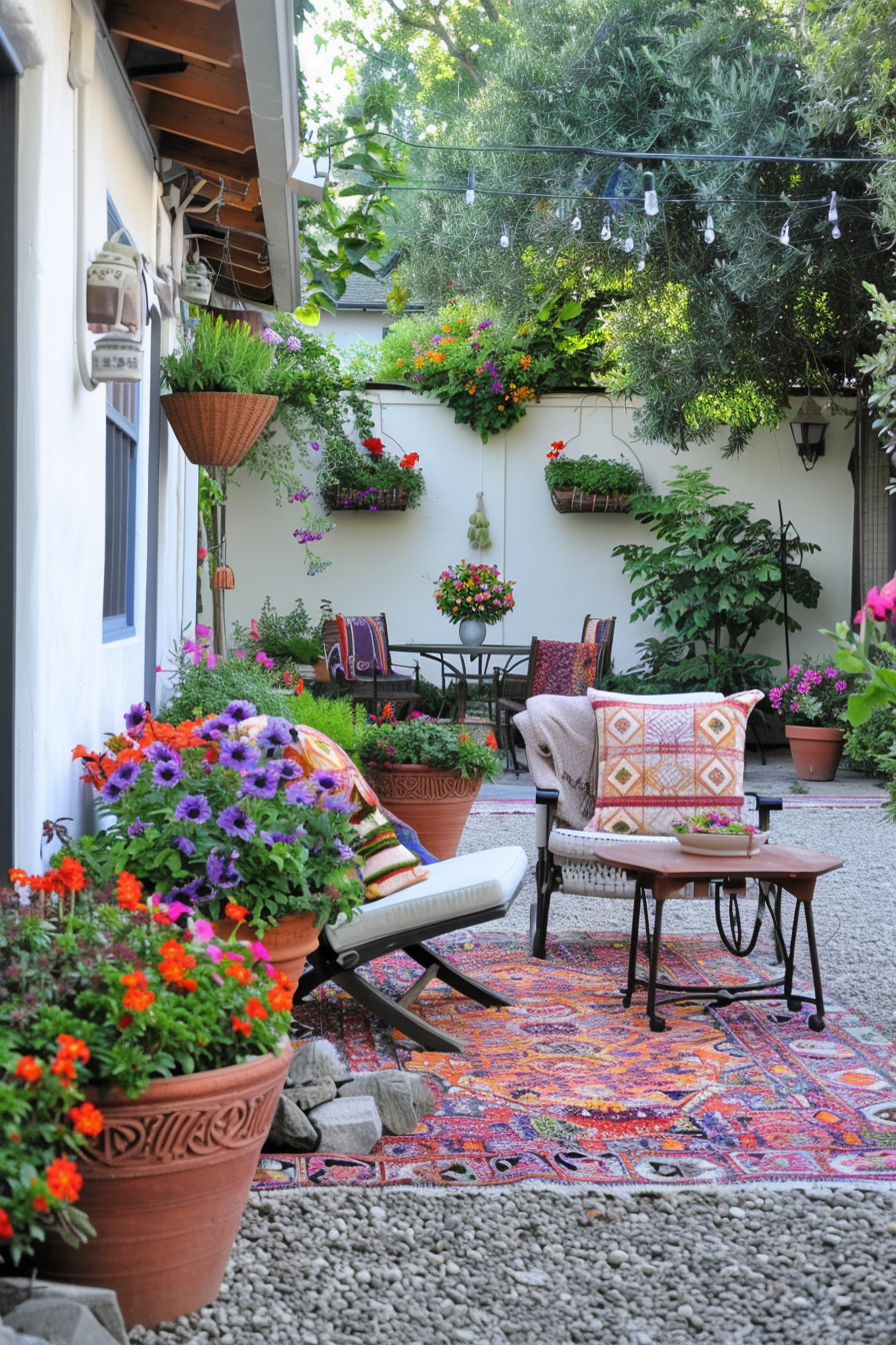 Compact Mediterranean seating area with potted plants