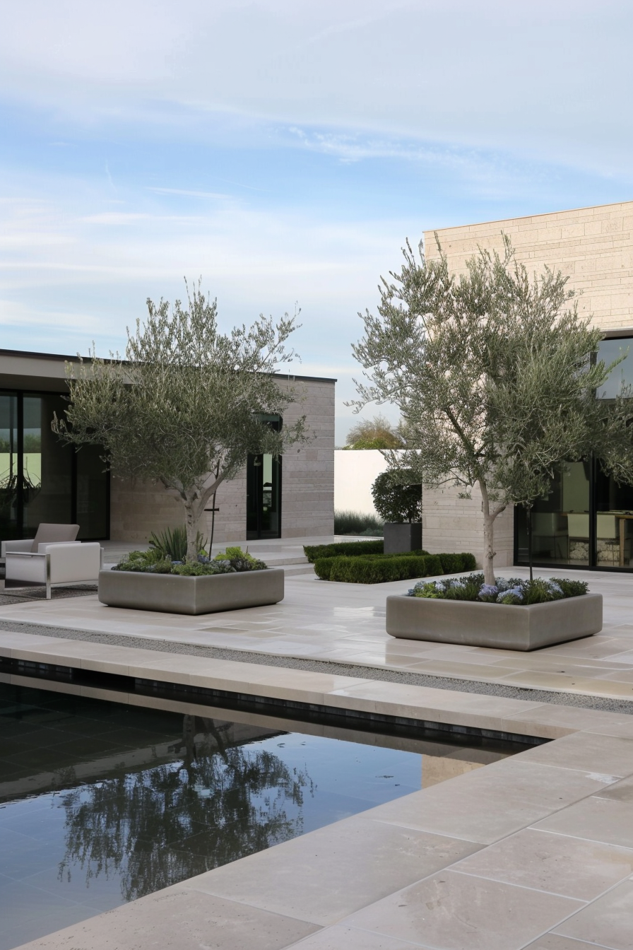 Modern Mediterranean yard with smooth stone paving and olive trees