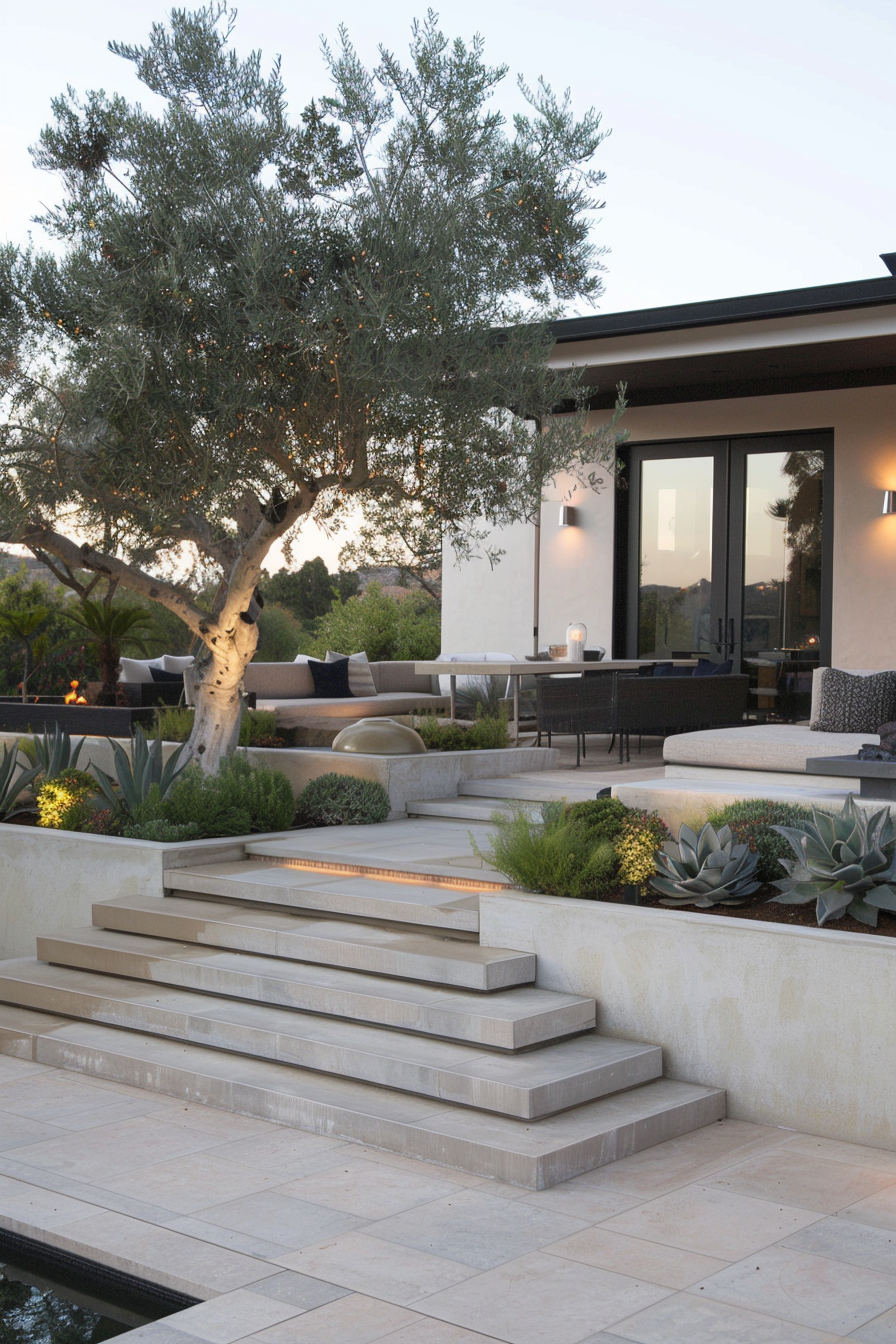 Reflecting pool and minimalist water wall in a modern yard