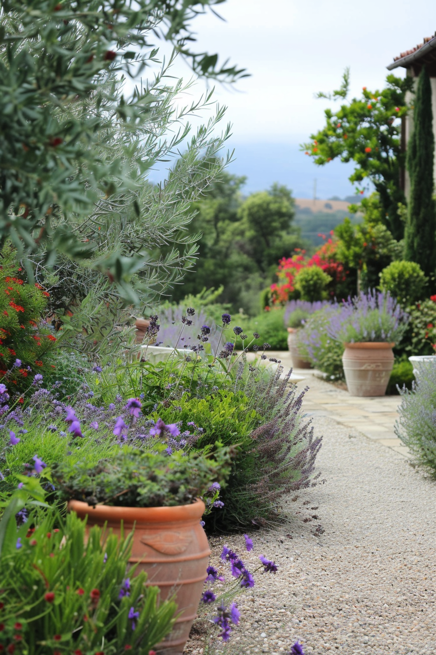 Mediterranean yard with rosemary and lavender bushes